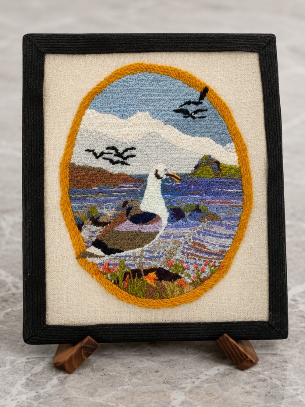 Vintage Handmade Seagull Embroidered Wall Art Coastal Seascape 10x12